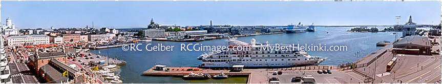 This panorama of Helsinki's South Harbor is a bit distorted, but you get the picture. If you were to take a walk and continued outside of the right border of the photo, past the Silja Line terminal, along the shore, you would wind up in beautiful Kaivopuisto Shore. Its a beautiful walking route. Along the way, there are a couple of nice cafes. Photo © R.C. Candolin-Gelber 1999 - 2010 - Panorama of South Harbor. Photo & pop-up photo © R.C. Candolin-Gelber 1999 - 2010 -